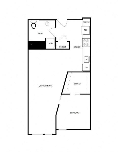 Floor plan for 1 bed, 1 bath, 688 sqft